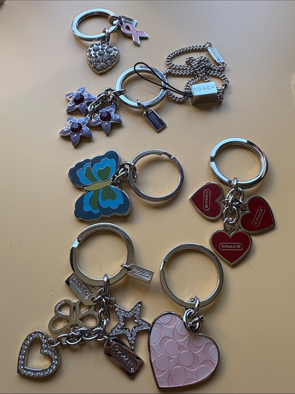 COACH Multicolor Heart & Charm Keyring Set with Pink Signature Heart